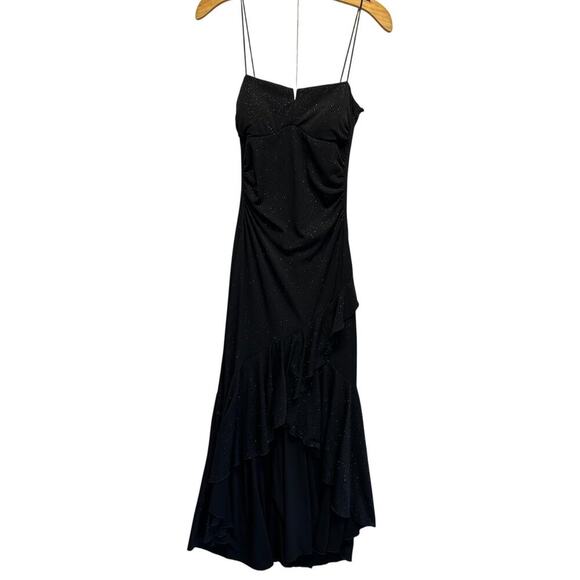 Maxi Black Formal Party Prom Dress Glitter Ruched Hi Lo Witchygoth Coquette S - Picture 1 of 14